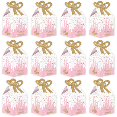 Little Princess Crown - Square Favor Gift Boxes - Pink and Gold Princess Baby Shower or Birthday Party Bow Boxes - Set of 12