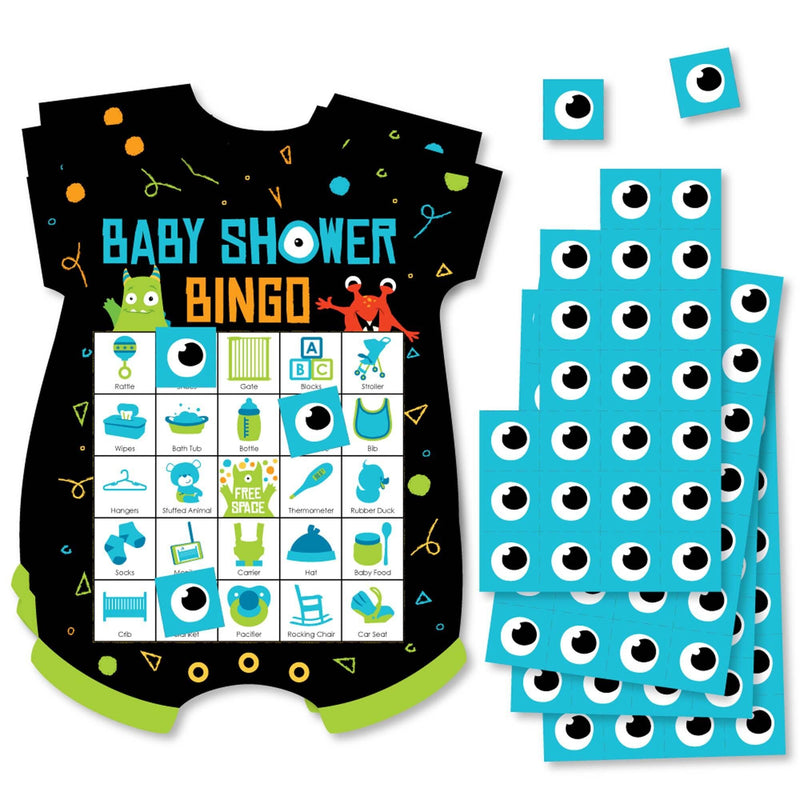 Monster Bash - Picture Bingo Cards and Markers - Little Monster Baby Shower Shaped Bingo Game - Set of 18