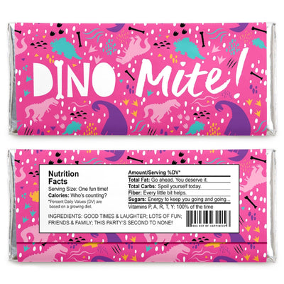 Roar Dinosaur Girl - Candy Bar Wrapper Dino Mite T-Rex Baby Shower or Birthday Party Favors - Set of 24