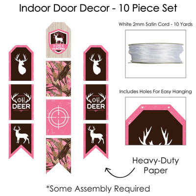Pink Gone Hunting - Hanging Vertical Paper Door Banners - Deer Hunting Girl Camo Baby Shower or Birthday Party Wall Decoration Kit - Indoor Door Decor