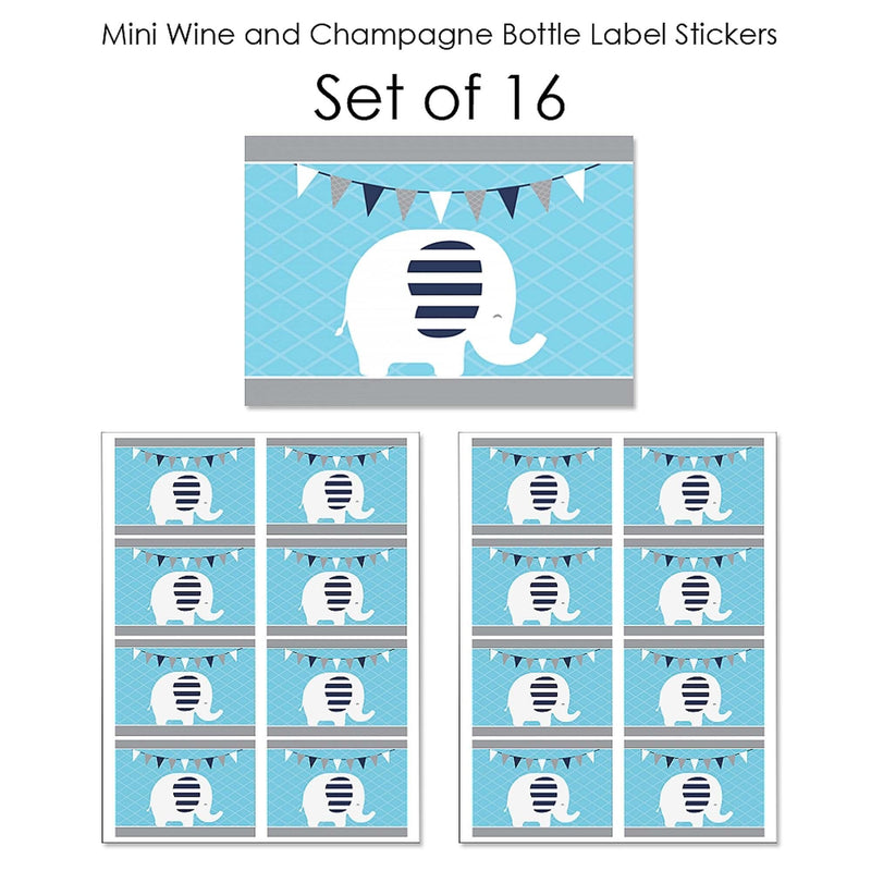 Blue Elephant - Mini Wine and Champagne Bottle Label Stickers - Boy Baby Shower or Birthday Party Favor Gift for Women and Men - Set of 16