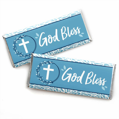 Blue Elegant Cross - Candy Bar Wrapper Boy Religious Party Favors - Set of 24