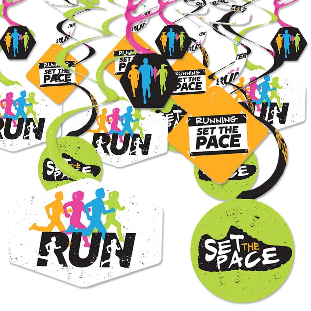 A set of colorful party decoration swirls with running-themed motifs, including text and silhouettes of runners, in an accordion-style spiral.