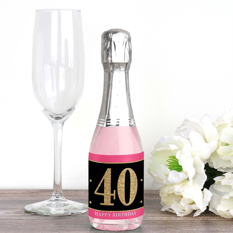 Chic 40th Birthday - Pink, Black and Gold - Mini Wine and Champagne Bottle Label Stickers - Birthday Party Favor Gift - For Women and Men - Set of 16