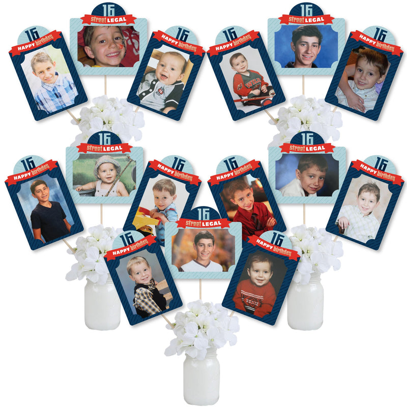 Boy 16th Birthday - Sweet Sixteen Birthday Party Picture Centerpiece Sticks - Photo Table Toppers - 15 Pieces