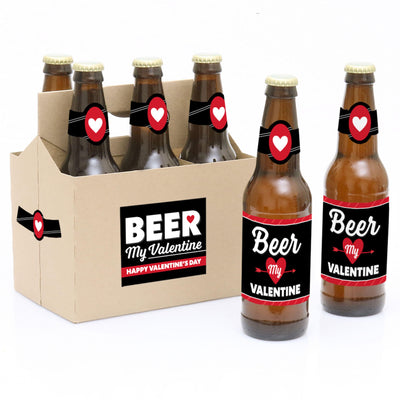 Happy Valentine's Day - Valentine Hearts Party Decorations for Women and Men - 6 Beer Bottle Label Stickers and 1 Carrier