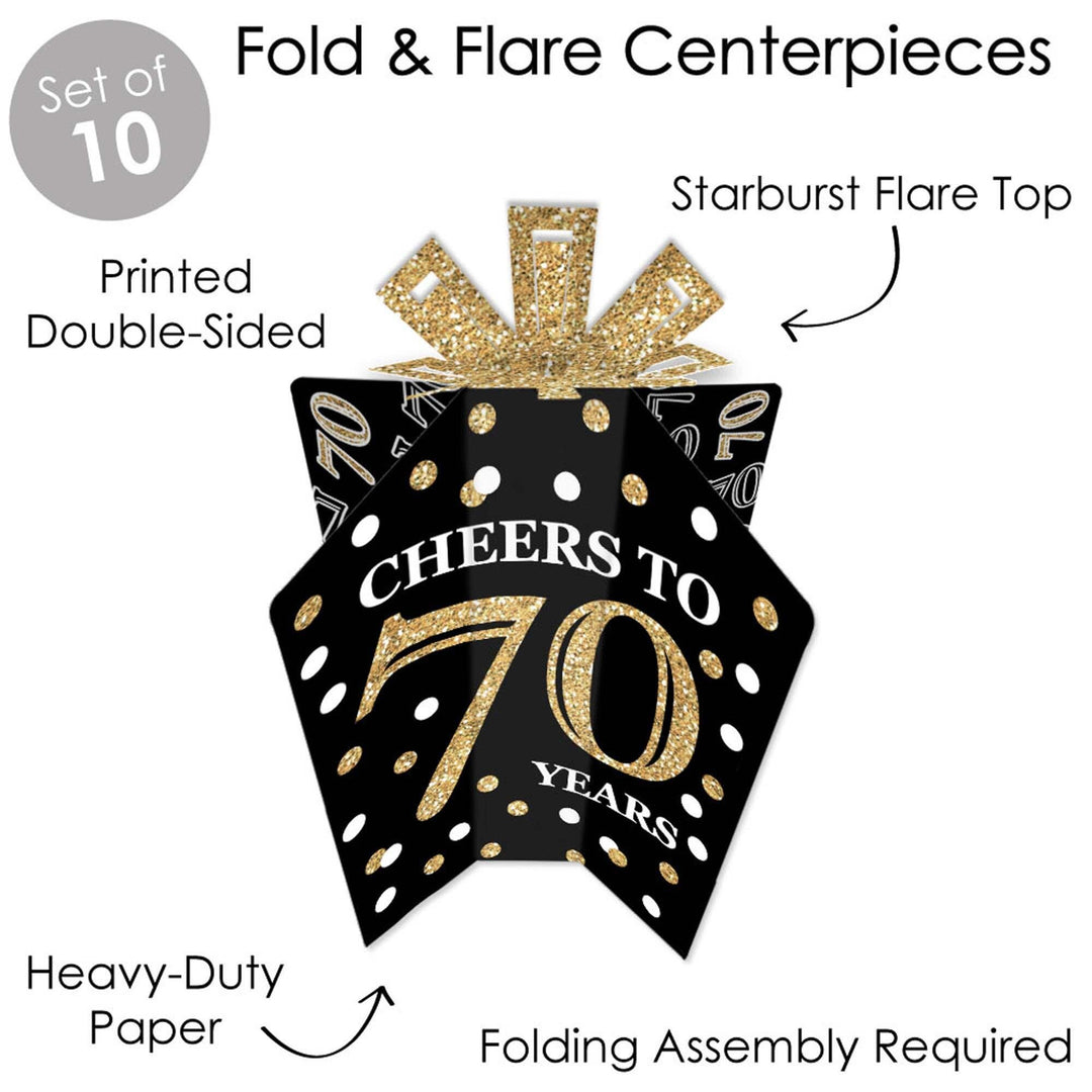 Adult 70th Birthday - Gold - Table Decorations - Birthday Party Fold and Flare Centerpieces - 10 Count