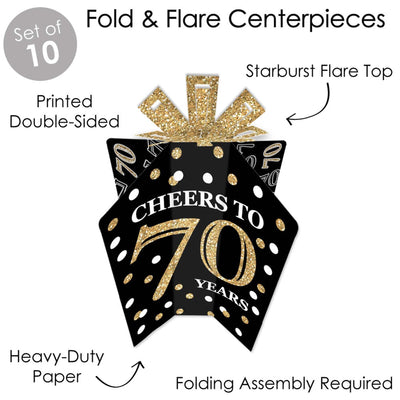 Adult 70th Birthday - Gold - Table Decorations - Birthday Party Fold and Flare Centerpieces - 10 Count