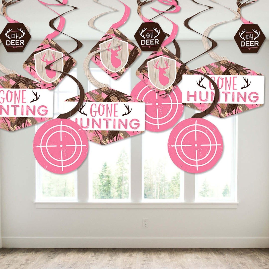 Pink Gone Hunting - Deer Hunting Girl Camo Baby Shower or Birthday Party Hanging Decor - Party Decoration Swirls - Set of 40