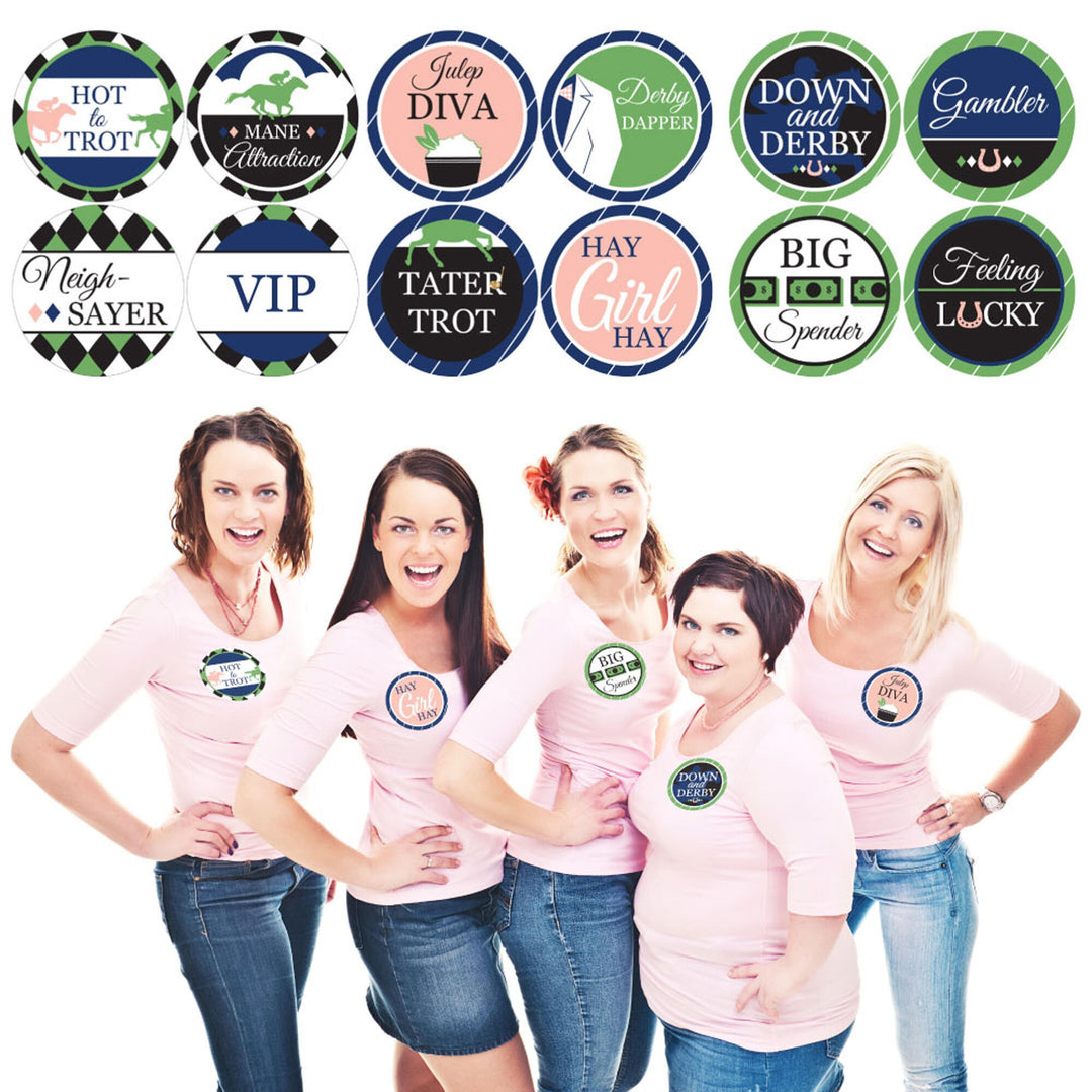 A set of 12 name tag stickers for a Kentucky Horse Derby-themed party, featuring various playful names and corresponding badge designs, with women smiling in the background.