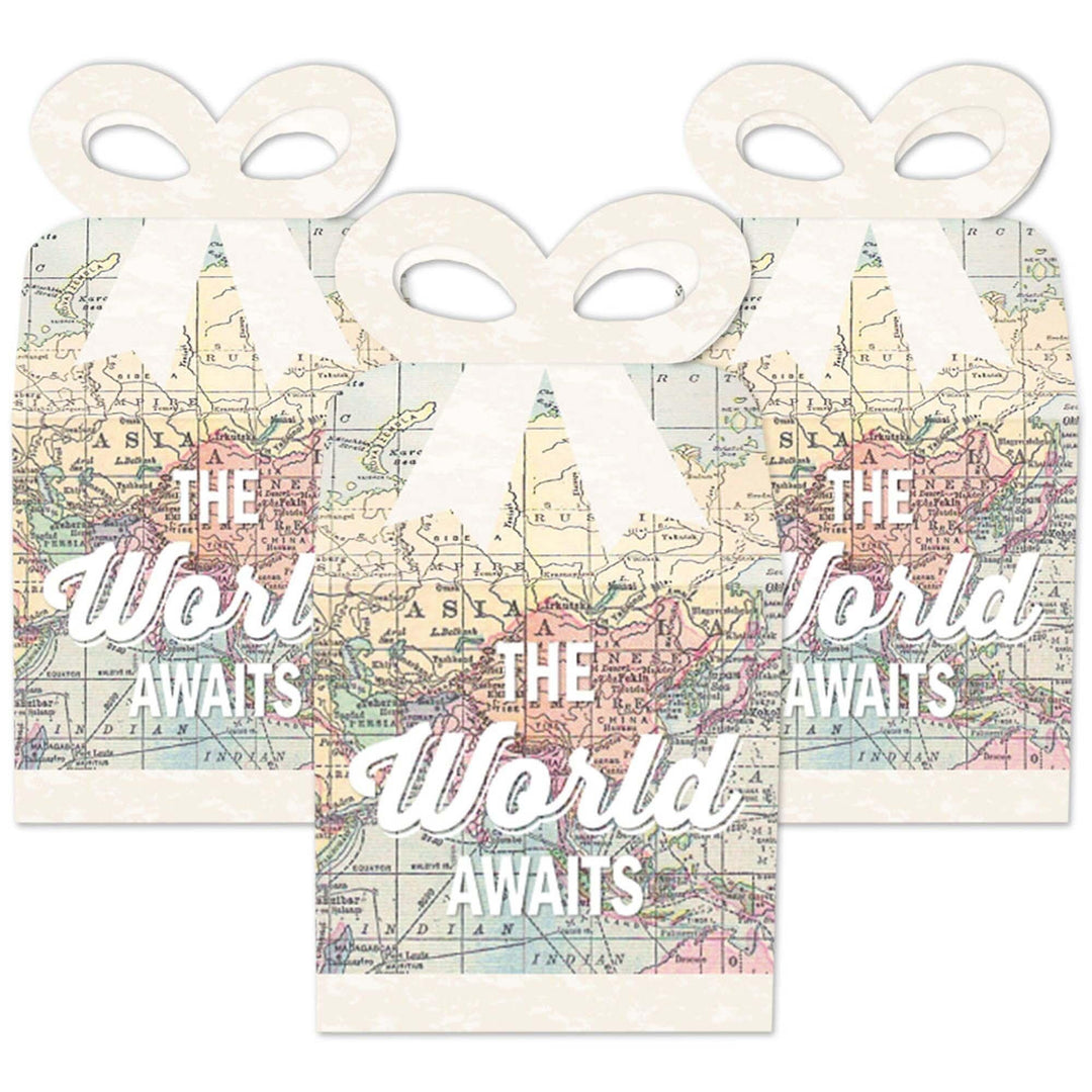 World Awaits - Square Favor Gift Boxes - Travel Themed Party Bow Boxes - Set of 12