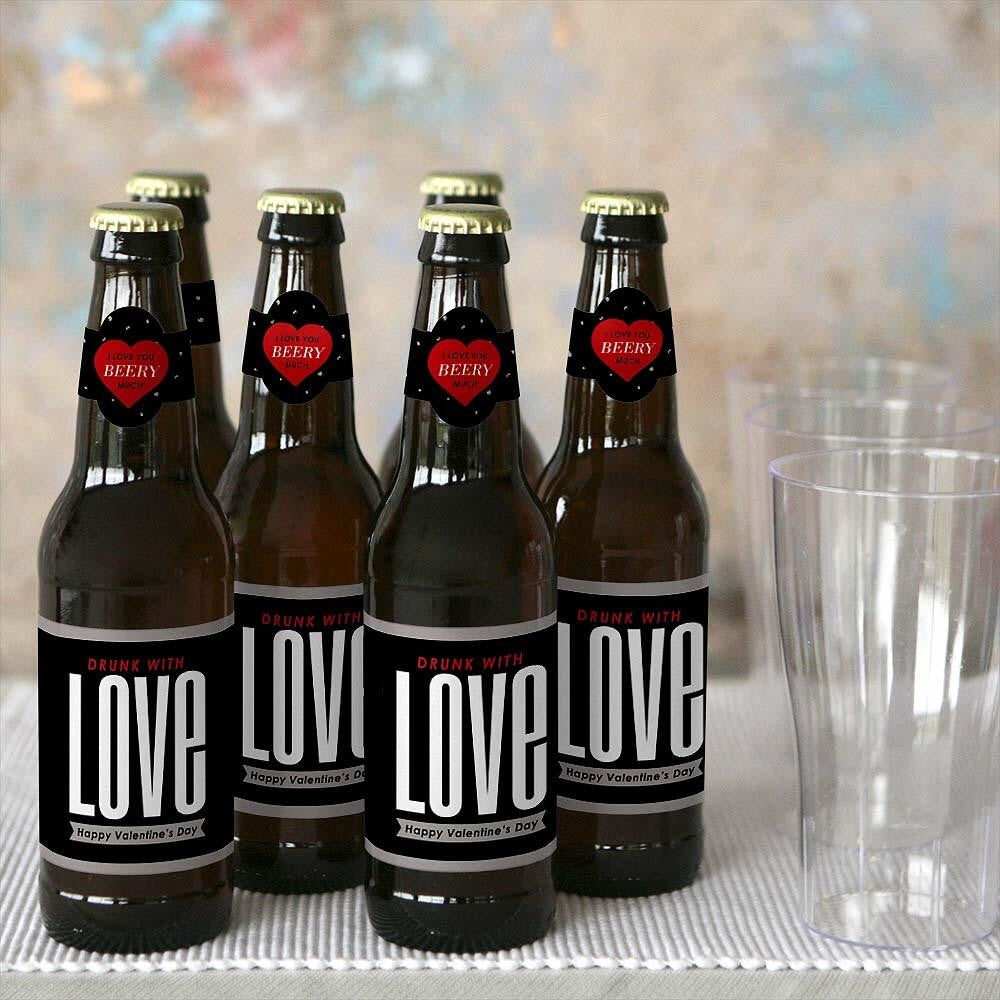 Valentine's Day - Valentine's Day - Decorations for Women and Men - 6 Beer Bottle Labels and 1 Carrier