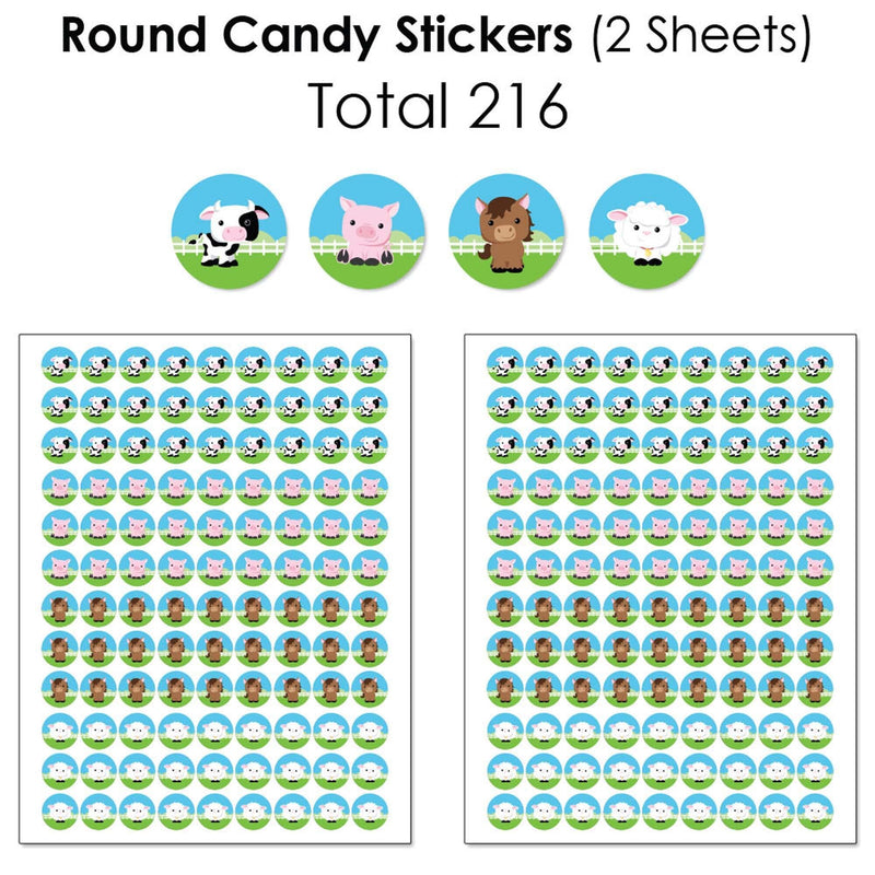 Farm Animals - Mini Candy Bar Wrappers, Round Candy Stickers and Circle Stickers - Barnyard Baby Shower or Birthday Party Candy Favor Sticker Kit - 304 Pieces