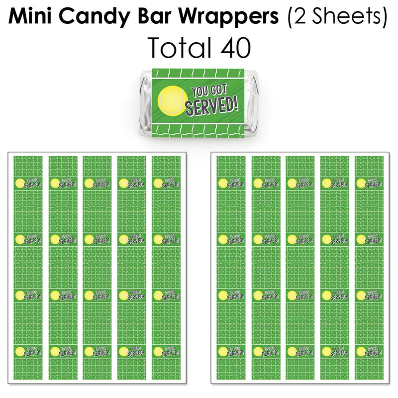You Got Served - Tennis - Mini Candy Bar Wrappers, Round Candy Stickers and Circle Stickers - Baby Shower or Tennis Ball Birthday Party Candy Favor Sticker Kit - 304 Pieces