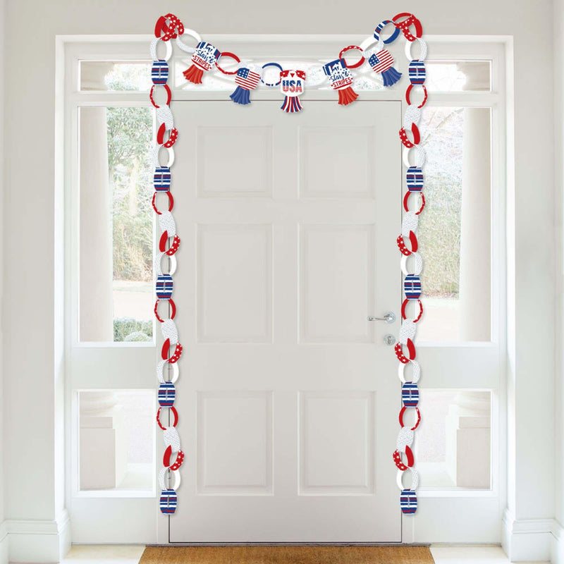 Stars & Stripes - 90 Chain Links and 30 Paper Tassels Decoration Kit - Memorial Day, 4th of July and Labor Day USA Patriotic Party Paper Chains Garland - 21 feet