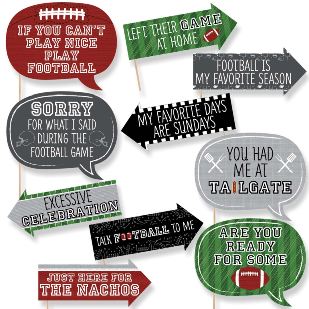 A set of 10 printed and cut photo booth props related to football, with phrases and humorously themed items, ready for assembly with dowels and stickers.
