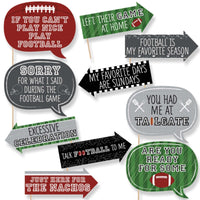 A set of 10 printed and cut photo booth props related to football, with phrases and humorously themed items, ready for assembly with dowels and stickers.