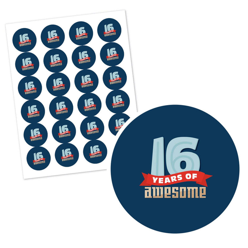 Boy 16th Birthday - Personalized Sweet Sixteen Birthday Party Circle Sticker Labels - 24 Count
