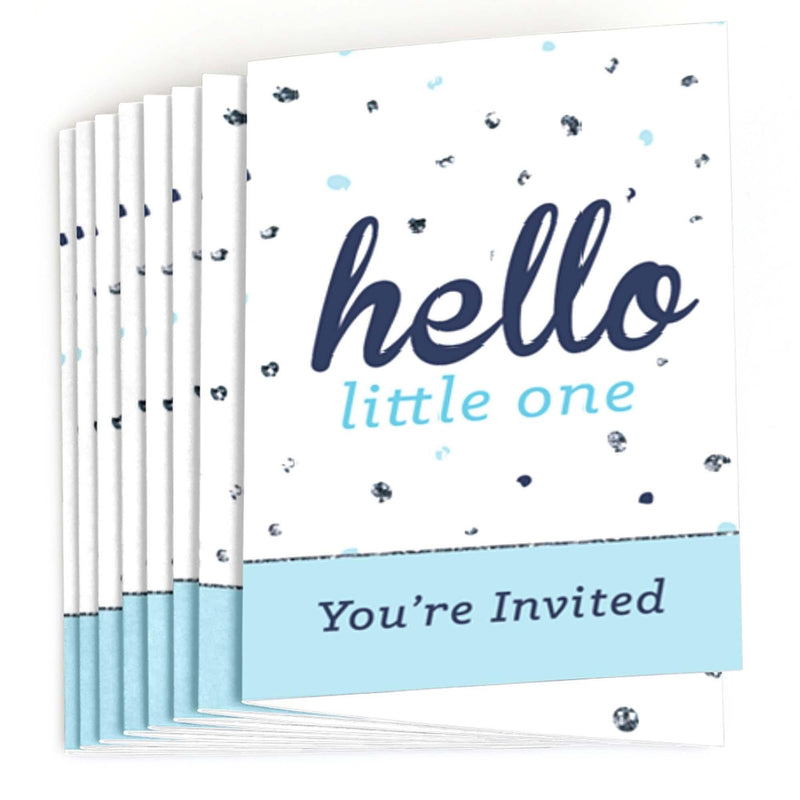Hello Little One - Blue and Silver - Fill in Boy Baby Shower Invitations - 8 ct