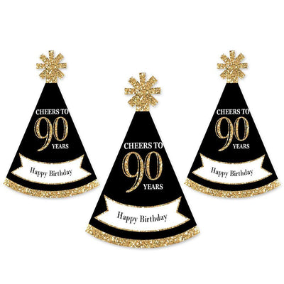 Adult 90th Birthday - Gold - Mini Cone Birthday Party Hats - Small Little Party Hats - Set of 8