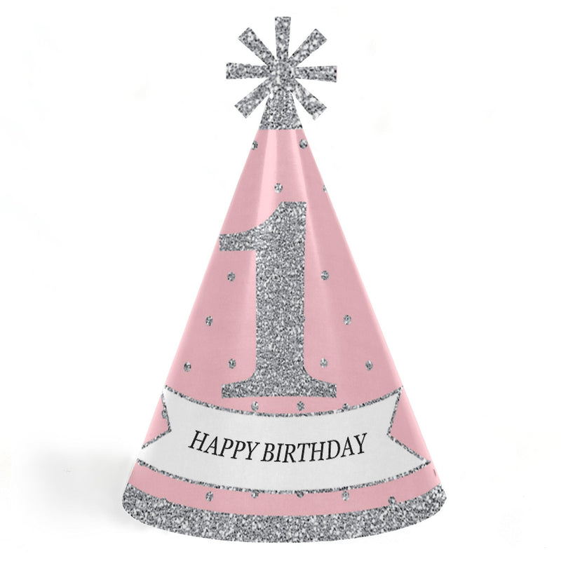 Pink Onederland - Cone Winter Wonderland Happy Birthday Party Hats for Kids and Adults - Set of 8 (Standard Size)