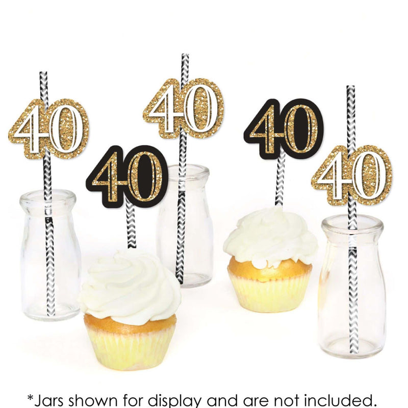 Adult 40th Birthday - Gold - Paper Straw Decor - Birthday Party Striped Decorative Straws - Set of 24