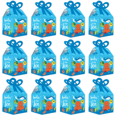 Under The Sea Critters - Square Favor Gift Boxes - Baby Shower or Birthday Party Bow Boxes - Set of 12