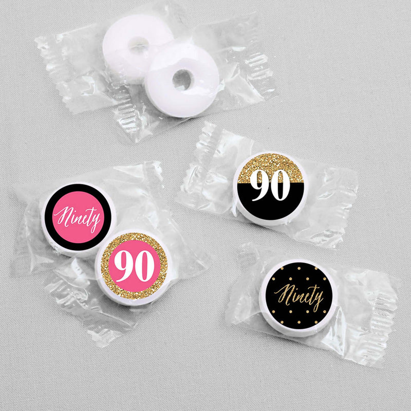 Chic 90th Birthday - Pink, Black and Gold - Round Candy Labels Birthday Party Favors - Fits Hershey&