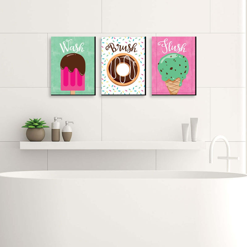 Sweet Shoppe - Kids Bathroom Rules Wall Art - 7.5 x 10 inches - Set of 3 Signs - Wash, Brush, Flush