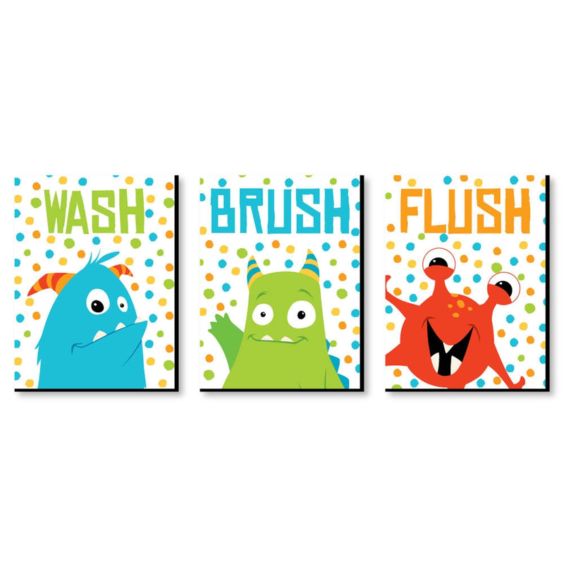 Monster Bash - Kids Bathroom Rules Wall Art - 7.5 x 10 inches - Set of 3 Signs - Wash, Brush, Flush