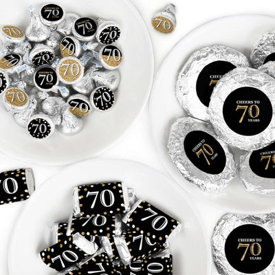 Adult 70th Birthday - Gold - Mini Candy Bar Wrappers, Round Candy Stickers and Circle Stickers - Birthday Party Candy Favor Sticker Kit - 304 Pieces