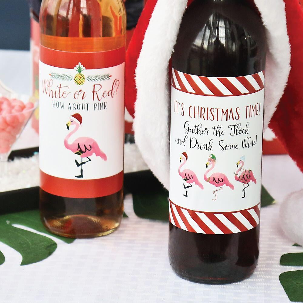 Flamingle Bells - Tropical Flamingo Christmas Decorations for Women and Men - Wine Bottle Label Stickers - Set of 4