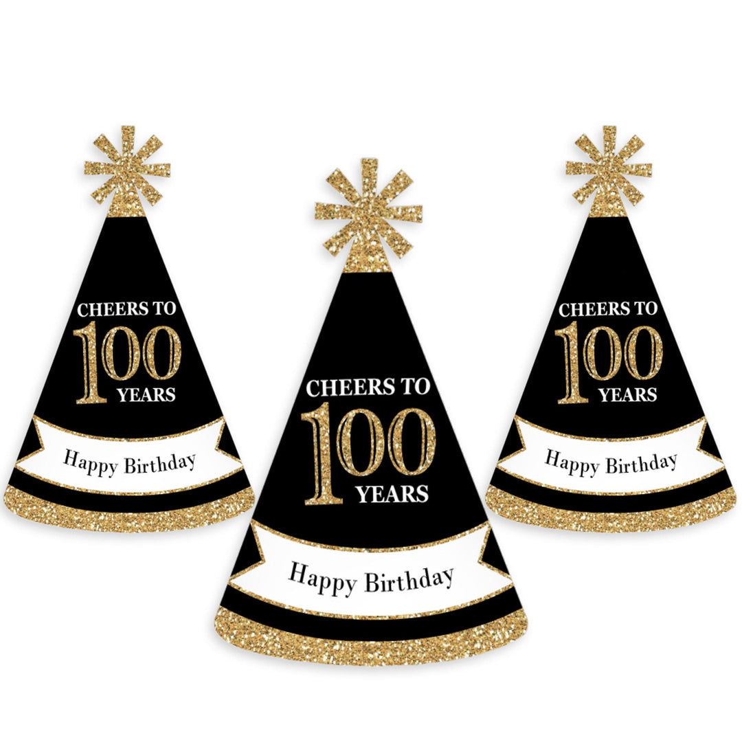 Adult 100th Birthday - Gold - Cone Birthday Party Hats for Adults - Set of 8 (Standard Size)