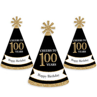 Adult 100th Birthday - Gold - Cone Birthday Party Hats for Adults - Set of 8 (Standard Size)