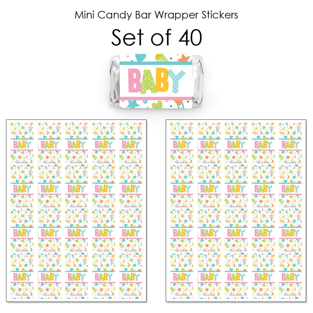 Colorful Baby Shower - Mini Candy Bar Wrapper Stickers - Gender Neutral Party Small Favors - 40 Count