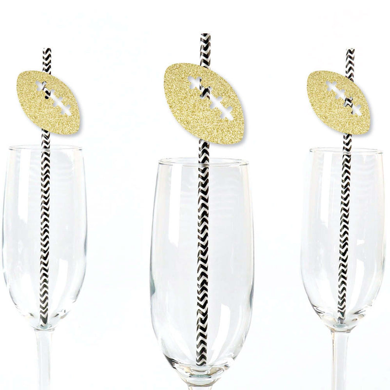 Gold Glitter Football Party Straws - No-Mess Real Gold Glitter Cut-Outs and Decorative Baby Shower or Birthday Party Paper Straws - Set of 24