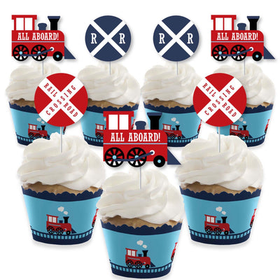 Railroad Party Crossing - Cupcake Decorations - Steam Train Birthday Party or Baby Shower Cupcake Wrappers and Treat Picks Kit - Set of 24