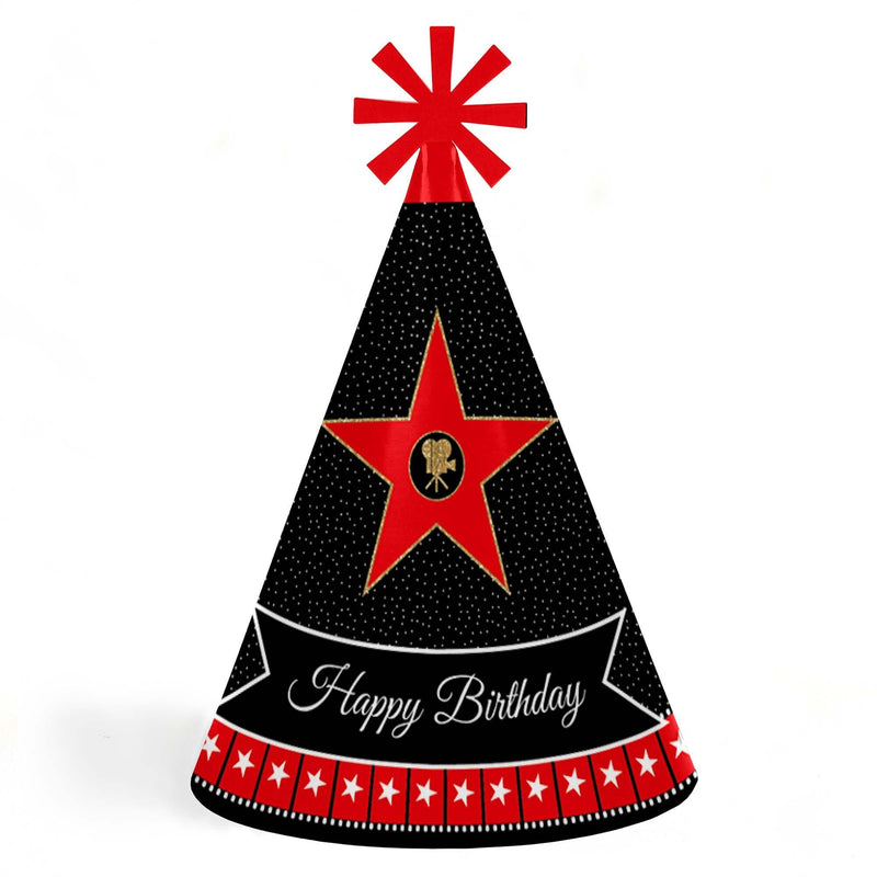 Red Carpet Hollywood - Cone Happy Birthday Party Hats for Kids and Adults - Set of 8 (Standard Size)