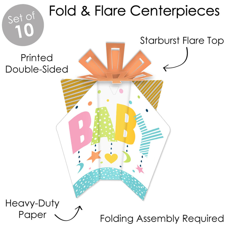 Colorful Baby Shower - Table Decorations - Gender Neutral Party Fold and Flare Centerpieces - 10 Count