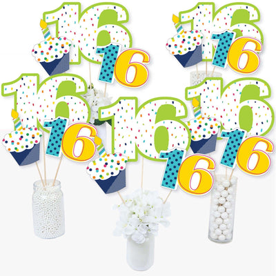 16th Birthday - Cheerful Happy Birthday - Colorful Sixteen Birthday Party Centerpiece Sticks - Table Toppers - Set of 15