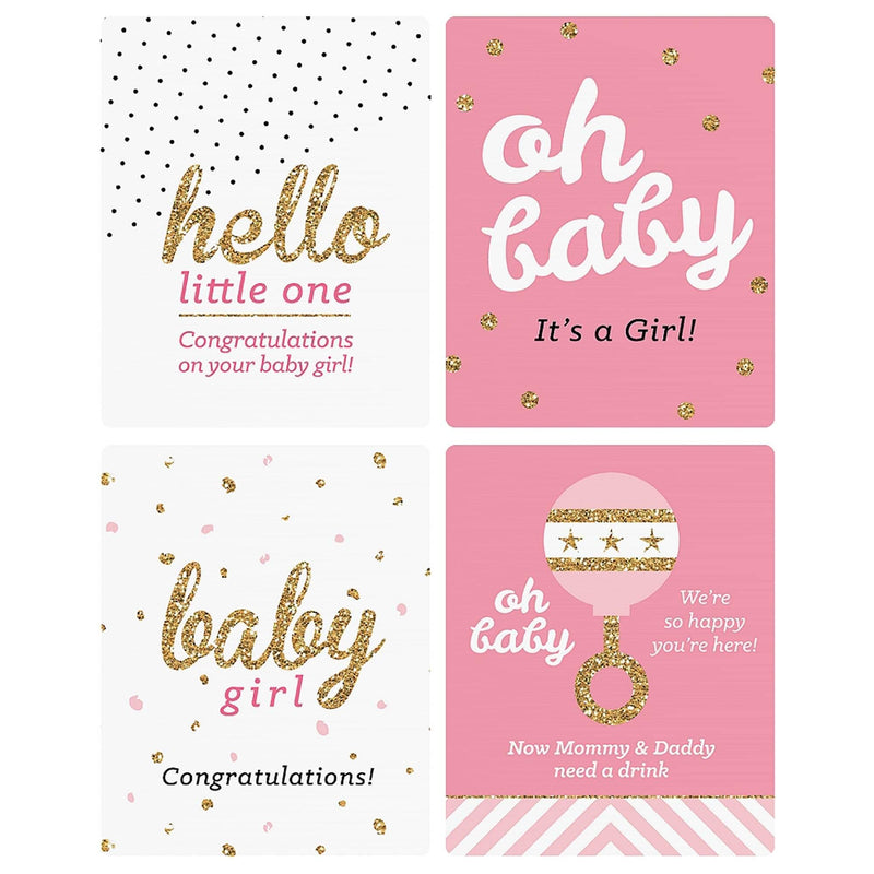Hello Little One - Pink and Gold - Decorations for Women and Men - Wine Bottle Labels Girl Baby Gift - Set of 4