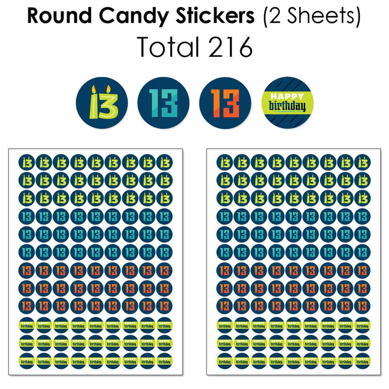 Boy 13th Birthday - Mini Candy Bar Wrappers, Round Candy Stickers and Circle Stickers - Official Teenager Birthday Party Candy Favor Sticker Kit - 304 Pieces