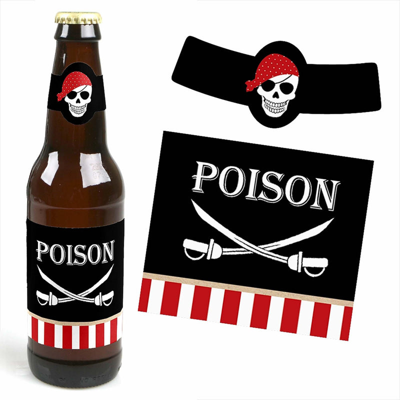 Beware of Pirates - Decorations for Women and Men - 6 Pirate Birthday Party Beer Bottle Label Stickers and 1 Carrier