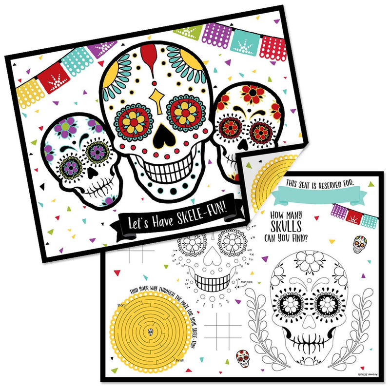 Day of the Dead - Paper Halloween Sugar Skull Party Coloring Sheets - Activity Placemats - Set of 16