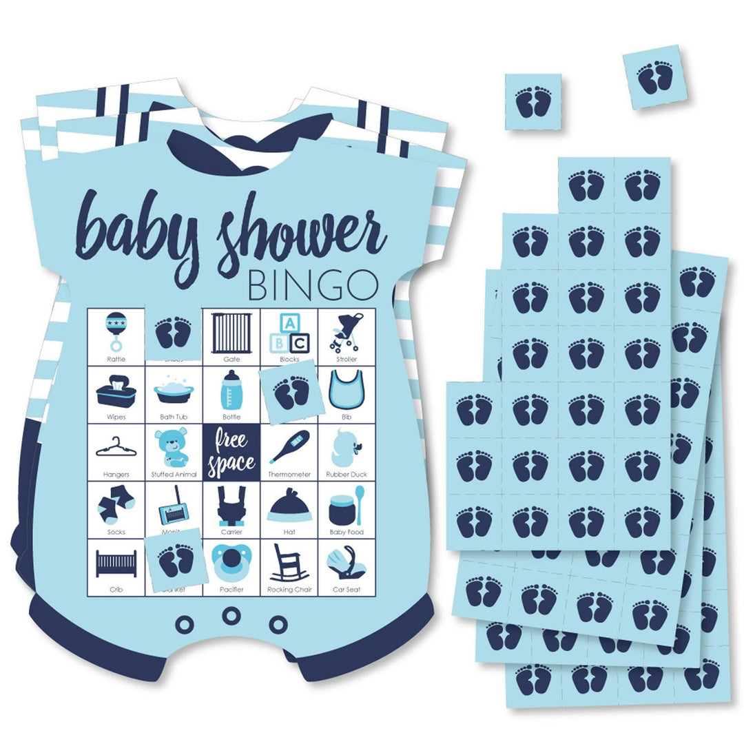 Baby Boy - Picture Bingo Cards and Markers - Blue Baby Shower Shaped Bingo Game - Set of 18