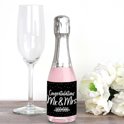 Mr. and Mrs. - Mini Wine and Champagne Bottle Label Stickers - Black and White Wedding or Bridal Shower Favor Gift for Women and Men - Set of 16