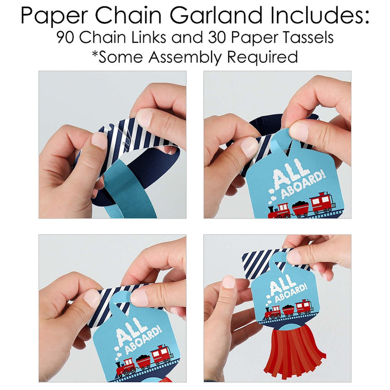 Railroad Party Crossing - 90 Chain Links and 30 Paper Tassels Decoration Kit - Steam Train Birthday Party or Baby Shower Paper Chains Garland - 21 feet