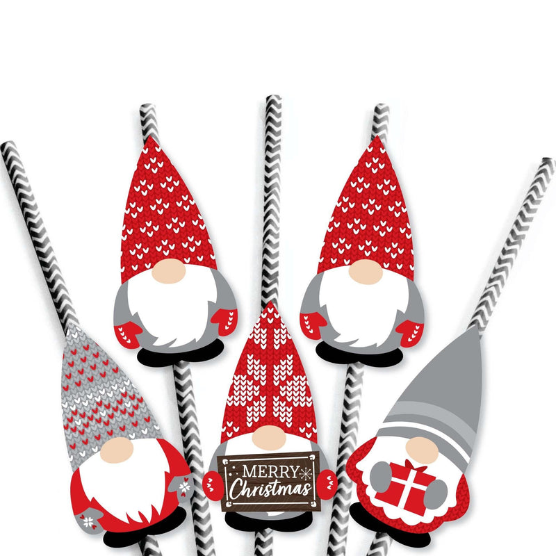 Christmas Gnomes - Paper Straw Decor - Holiday Party Striped Decorative Straws - Set of 24