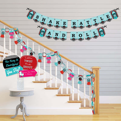 50's Sock Hop - Banner and Photo Booth Decorations - 1950s Rock N Roll Party Supplies Kit - Doterrific Bundle