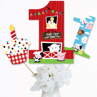1st Birthday Farm Animals - Barnyard First Birthday Party Centerpiece Sticks - Table Toppers - Set of 15